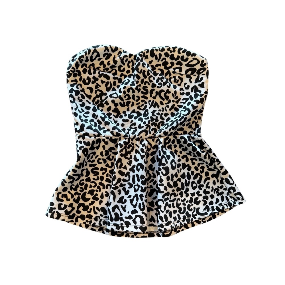 Strapless Peplum Leopard Print Bustier Top‎ – Black & White Sz S